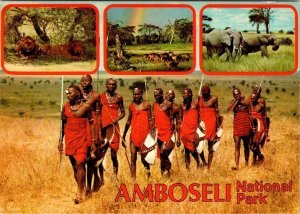 Kenya  AMBOSELI NATIONAL PARK  Maasai Tribesmen~Lions~Elephants  4X6 Postcard