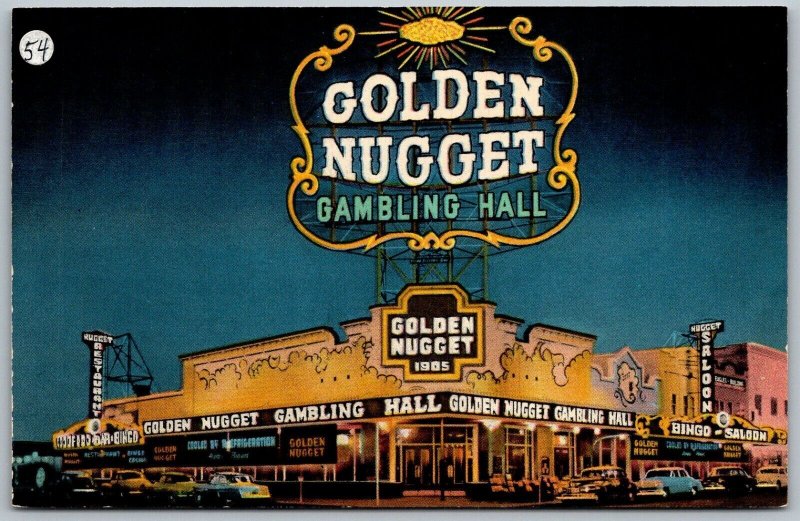 Las Vegas Nevada 1950s Postcard Golden Nugget Gambling Hall Casino at Night Cars