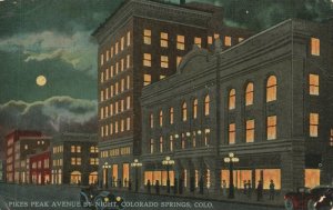 Vintage Postcard 1910s Pikes Peak Avenue by Night Colorado Springs CO Colorado