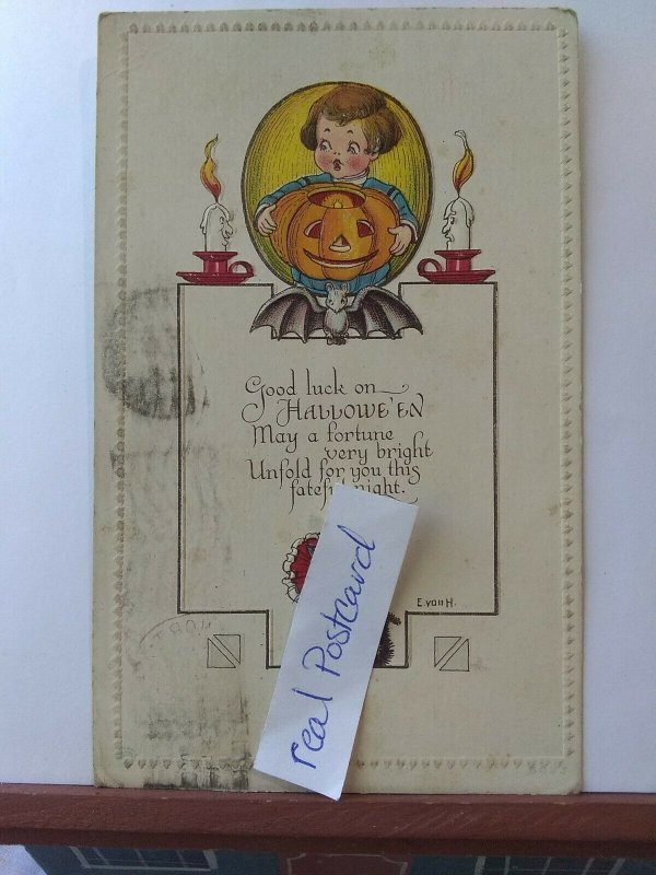 Vintage Halloween. E. Von. H. Jack-o'-lantern, cat, bat. PMK 1922 (D1)