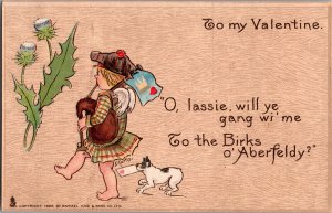 Tucks 3 Valentine From Many Lands Bagpipes Terrier Thistle Vintage Postcard R41