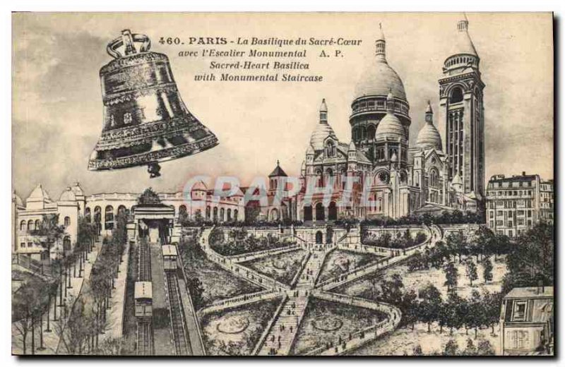 Postcard Old Montmartre Basilique du Sacre Coeur with bell Monumental Staircase