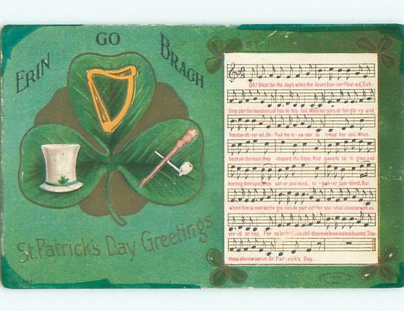 Unused Pre-Linen st. patrick's LARGE CLOVER WITH HAT & HARP & PIPE J3905