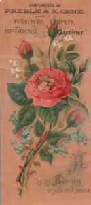 1880s-90s Preble & Keene Furniture & Carpets Bedding Gardiner Rose Trade Card