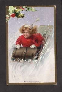 Girl Sledding Sled Taboggan Snow Winter Dennison's Christmas Postcard 19...