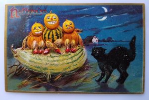 Halloween Postcard Tuck Pumpkin Heads People Goblins Black Cat Moon 150 Fantasy