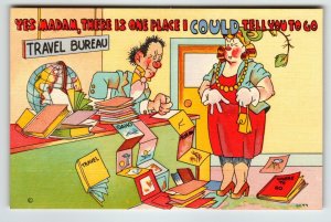 Travel Bureau Agency Man And Women Linen Postcard Comical Humor Unposted Vintage