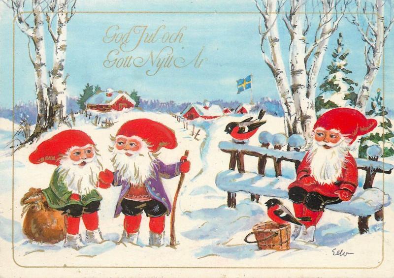 Dwarfs winter fantasy Sweden artist modern postcard God Jul New Year