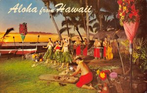 ALOHA FROM HAWAII Sunset at Kona Inn Luau Hula Dancers Vintage Postcard 1967