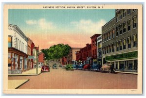 c1940 Business Section Oneida Street Classic Cars Road Fulton New York Postcard