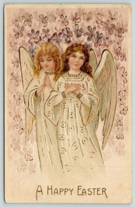 Easter~Blonde Brunette Angel Girls~Violets Flower Shower~Gold Leaf Emboss~BW 305 