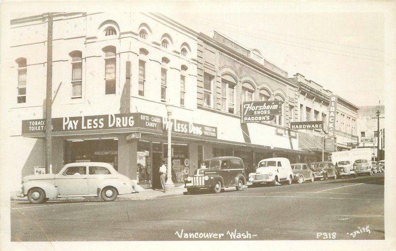 Autos 1954 Street Scene Vancouver Washington Payless Drugs Smith RPPC 2180