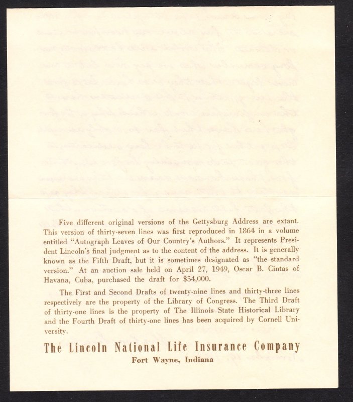 Gettysburg Address with envelope - Lincoln National Life Insurance Co