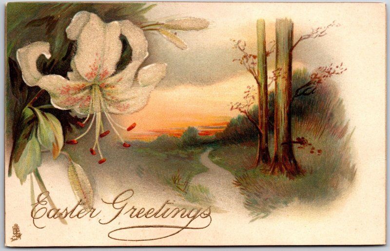 Easter Greetings Easter Lily Flower Sunset Scene Landscape Postcard