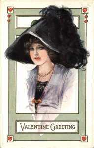 Valentine Beautiful Woman Vintage Fashion Feather Hat c1910 Vintage Postcard