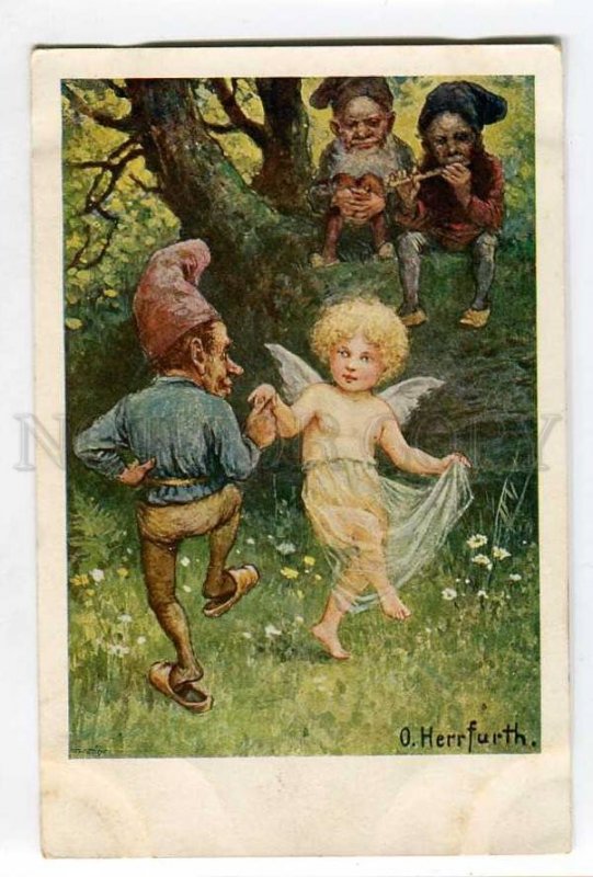 285511 HERRFURTH Dwarf GNOME Dance ANGEL ELF Vintage TSN #275 postcard