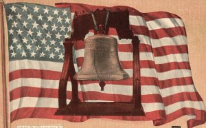 Vintage Postcard Liberty Bell United States Flagship Background Philadelphia PA