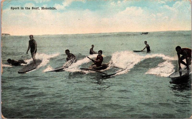 Honolulu Hawaii Sport in the Surf. Men Surfing in Ocean Vintage Postcard