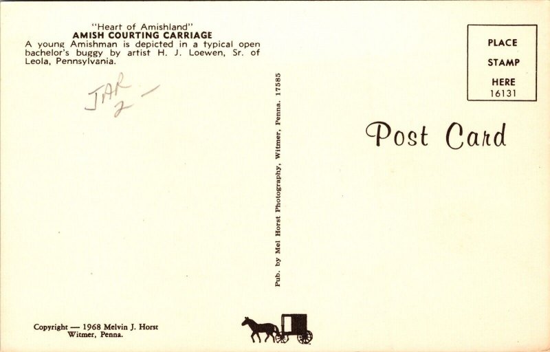 Amish Courting Carriage Horse Amishman Leola PA Pennsylvania Postcard VTG UNP 