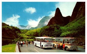 Mauis Iao Needle with Bus Loads of Tourists  Hawaii Postcard 1970s