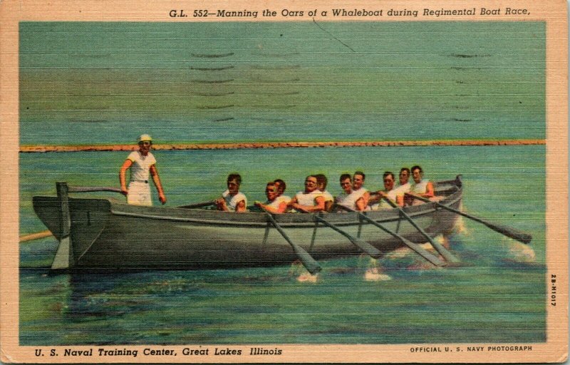 Leinen Postkarte US Marine Training Mitte Illinois Il Regimente Whaleboat Race