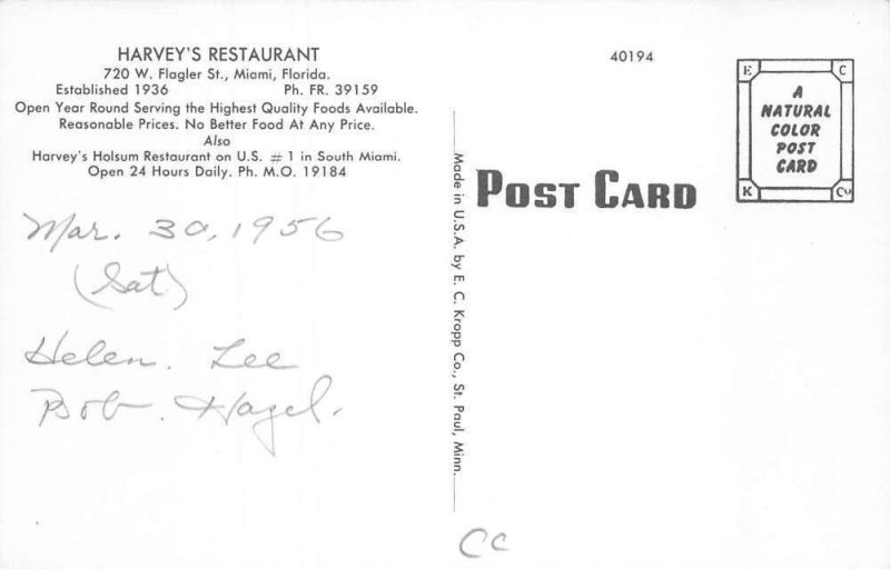 Miami Florida Harvey's Restaurant Vintage Postcard AA86517