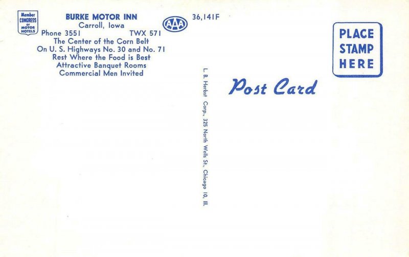 CARROLL, Iowa IA  BURKE MOTOR INN MOTEL Lounge~Cafe  ROADSIDE  c1950's Postcard