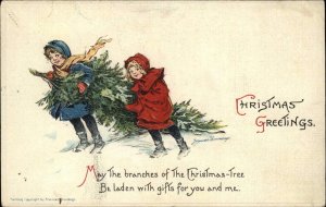 Antique PC A/s FRANCES BRUNDAGE Christmas Children Carry Tree