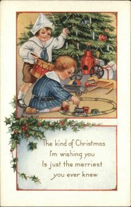 Whitney Christmas Children with Train Set Miniature Train c1910 Vintage Postcard