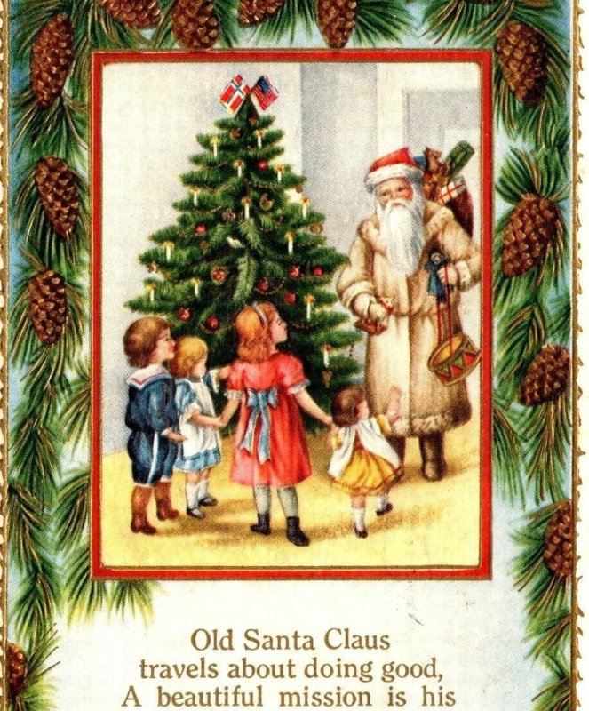 Old Santa Claus poem, white suit robe, children, Christmas Tree, candles, toys