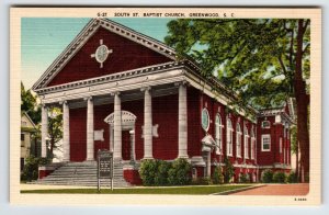 South Street Baptist Church Building Greenville South Carolina Linen Postcard SC