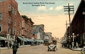 Davenport Iowa Brady St Shops, Trolleys, Early Autos c1900-20s Vintage Postcard