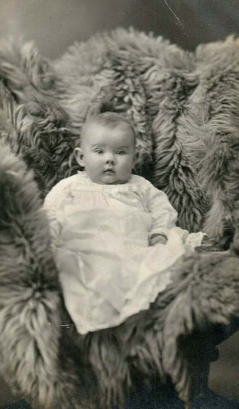 C.1910 RPPC Adorable Baby on Buffalo Blanket, Bethany, OK. Postcard P165 