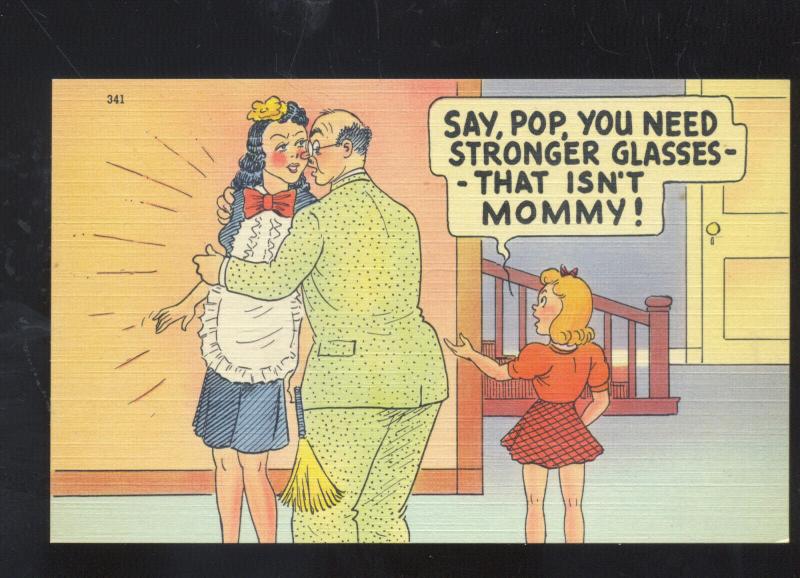 POP NEEDS STRONGER GLASSES KISSING THE MAID VINTAGE COMIC POSTCARD MOMMY