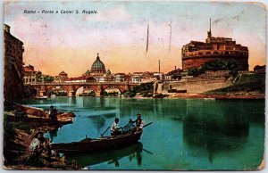 VINTAGE POSTCARD GONDOLA AT THE BRIDGE AND SAINT ANGELO CASTLE IN ROME ITALY