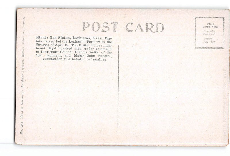 Lexington Massachusetts MA Postcard 1907-1915 Minute Man Statue