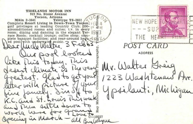 TIDELANDS MOTOR INN Tucson, AZ Swimming Pool Roadside 1963 Vintage Postcard