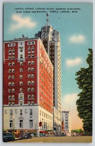 Lansing Michigan~Capitol Ave~Olds Hotel~Tower~Masonic Temple~Cars~Linen 1940s PC