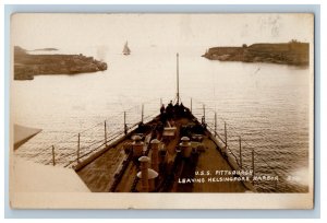 c1920's USS Pittsburgh Leaving Helsingfors Harbor Finland RPPC Photo Postcard