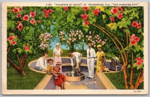 St. Petersburg Florida 1937 Postcard Man And Women at Fountain Of Youth