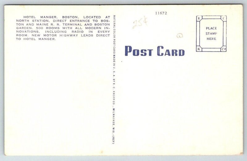 Hotel Manger - Boston, Massachusetts - Postcard