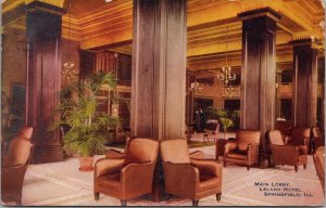 Main Lobby Leland Hotel Springfield IL Postcard PC467