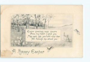 Unused Pre-Linen easter MANY BUNNY RABBITS BOUNCING AROUND IN PASTURE J1981