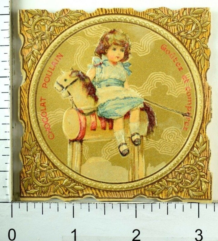 1870's-80's Lovely Girl On Wooden Hobby Horse Laundry Chocolat Poulain Card F93