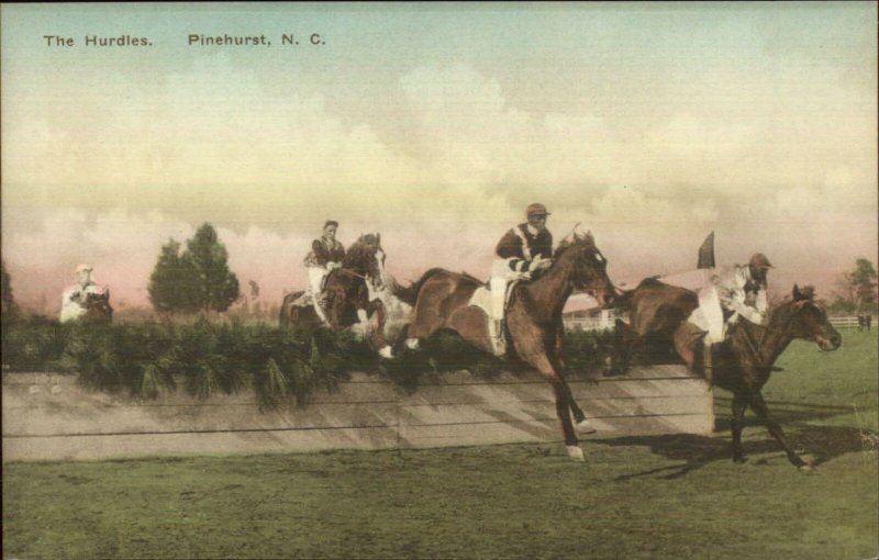 Pinehurst NC Horses Jumping Hurdles c1920 Hand Colored Postcard