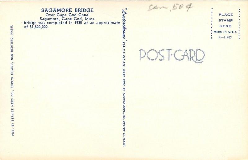 Cape Cod Canal Massachusetts~Ship Under Sagamore Bridge~1950s Postcard