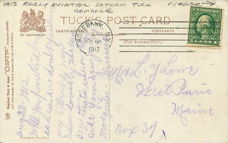 1912 Early Aviation Latham Tuck Romance Oilette #9640 Postcard 21-5693