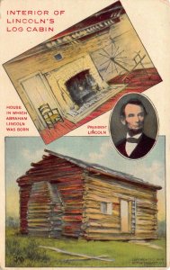 Patriotic Postcard Interior & Exterior of Abraham Lincoln's Log Cabin~116028