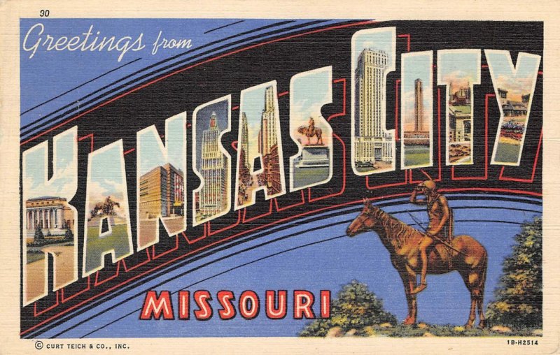 KANSAS CITY, MO Large Letter Missouri Greetings 1948 Vintage Linen Postcard