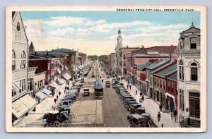 J95/ Greenville Ohio Postcard c1910 Darke Broadway Trolley City Hall 176